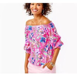 Lilly Pulitzer Lessa Off-The-Shoulder Top Pink Last Bud Not Least Floral Print S